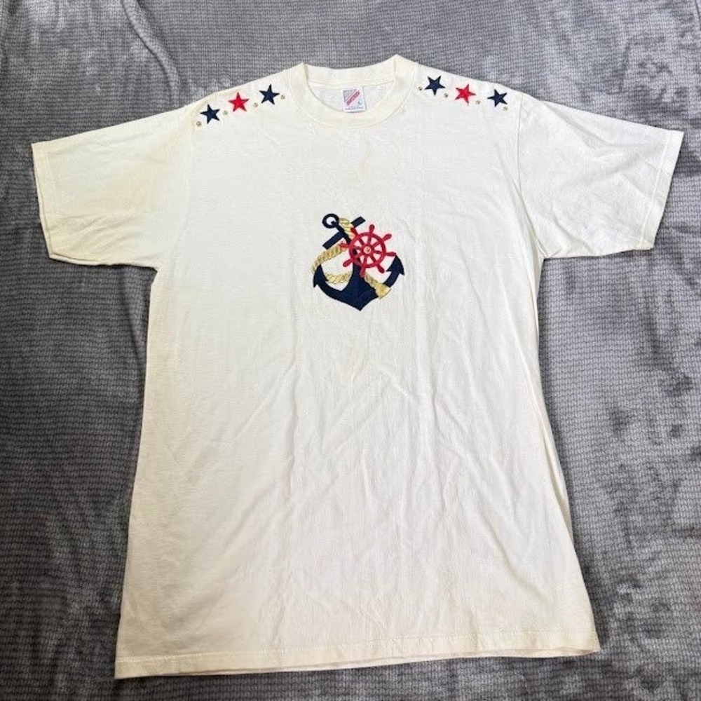Vintage Jerzees Nautical Anchor T-Shirt Mens Large Made in USA White Stars Studs